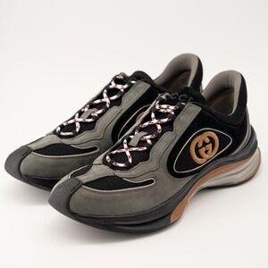 size 12G 12.5 US Gucci Run Suede Black Grey GG Sneakers